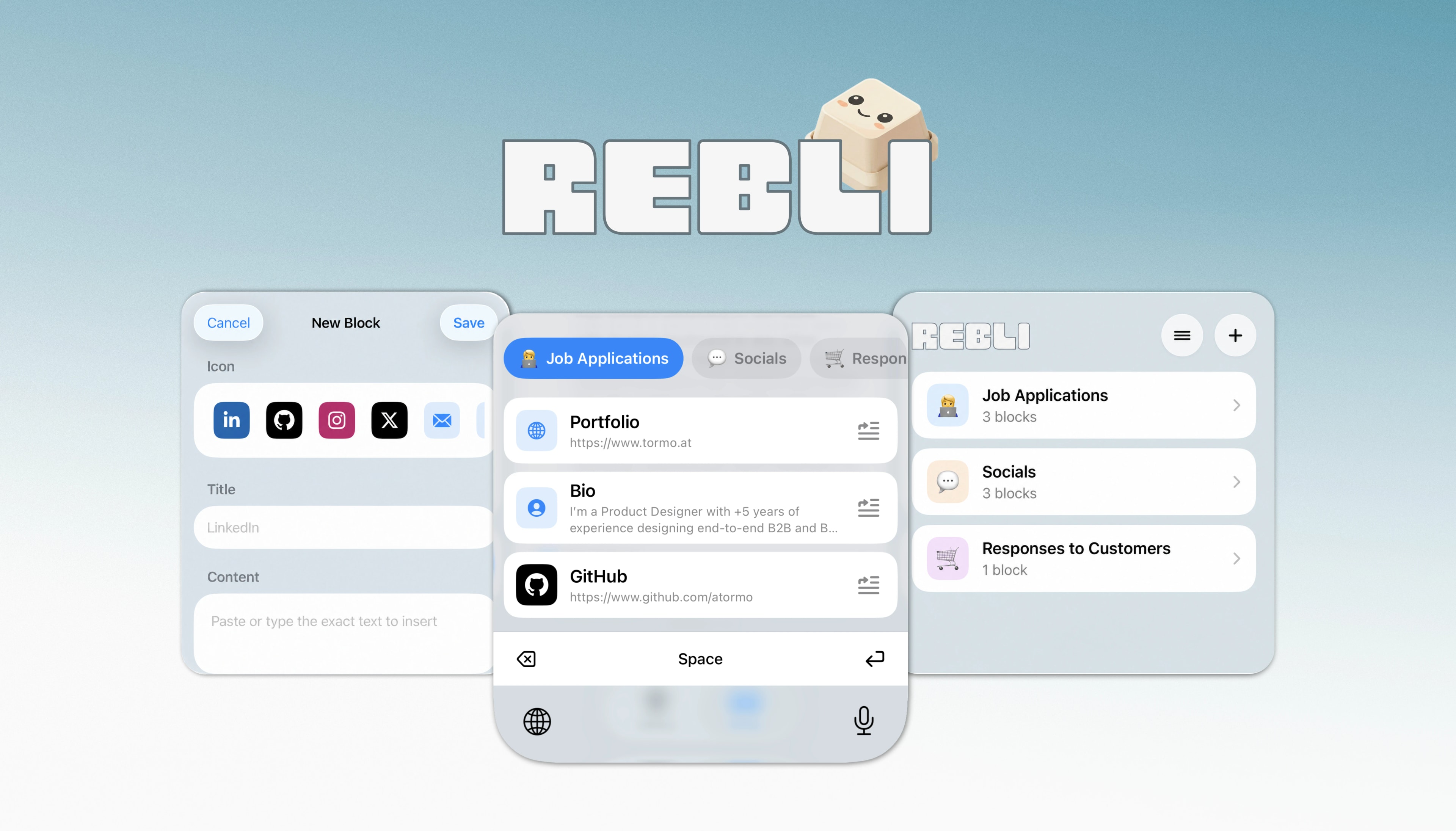 Rebli app and custom iOS keyboard