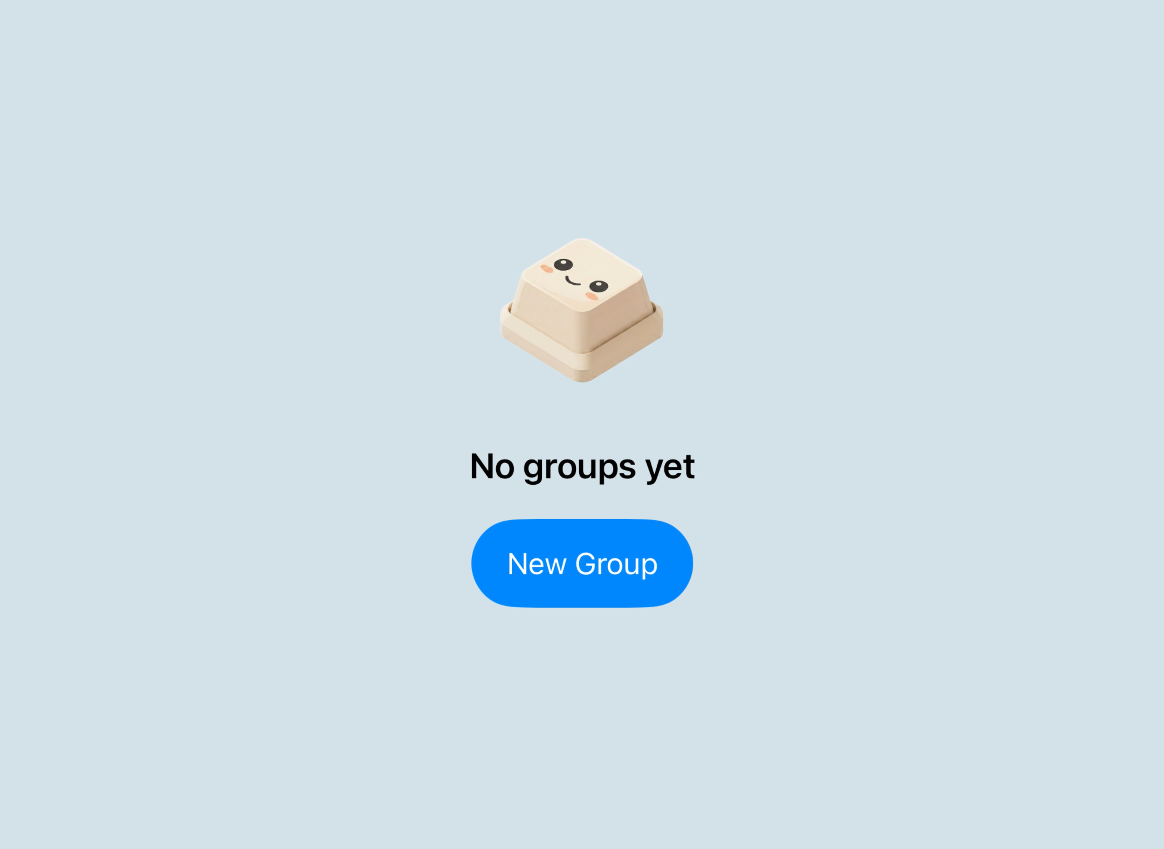 Rebli empty state with an animated key character above the New Group button