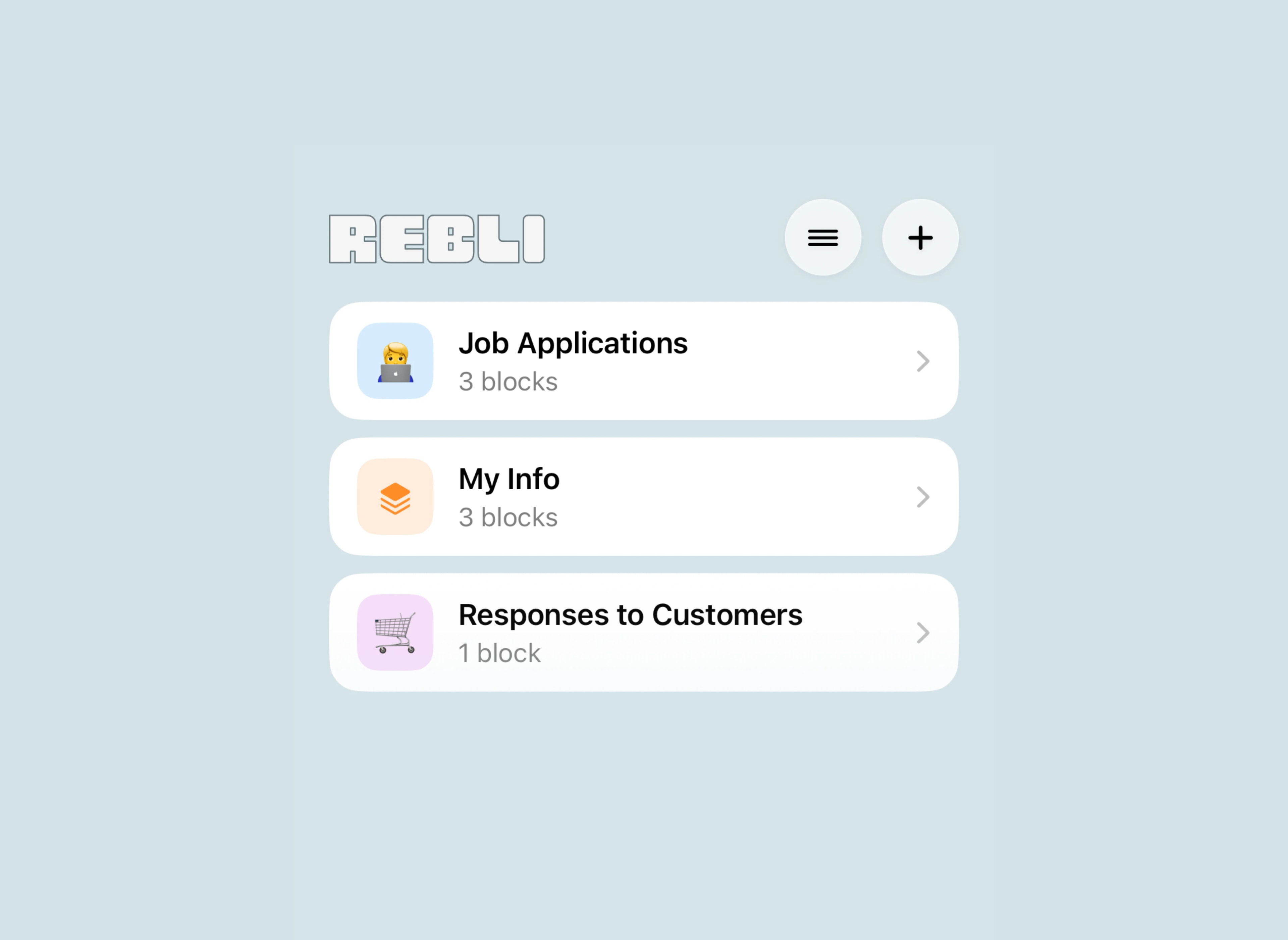 Rebli group library with Job Applications, My Info, and Responses to Customers
