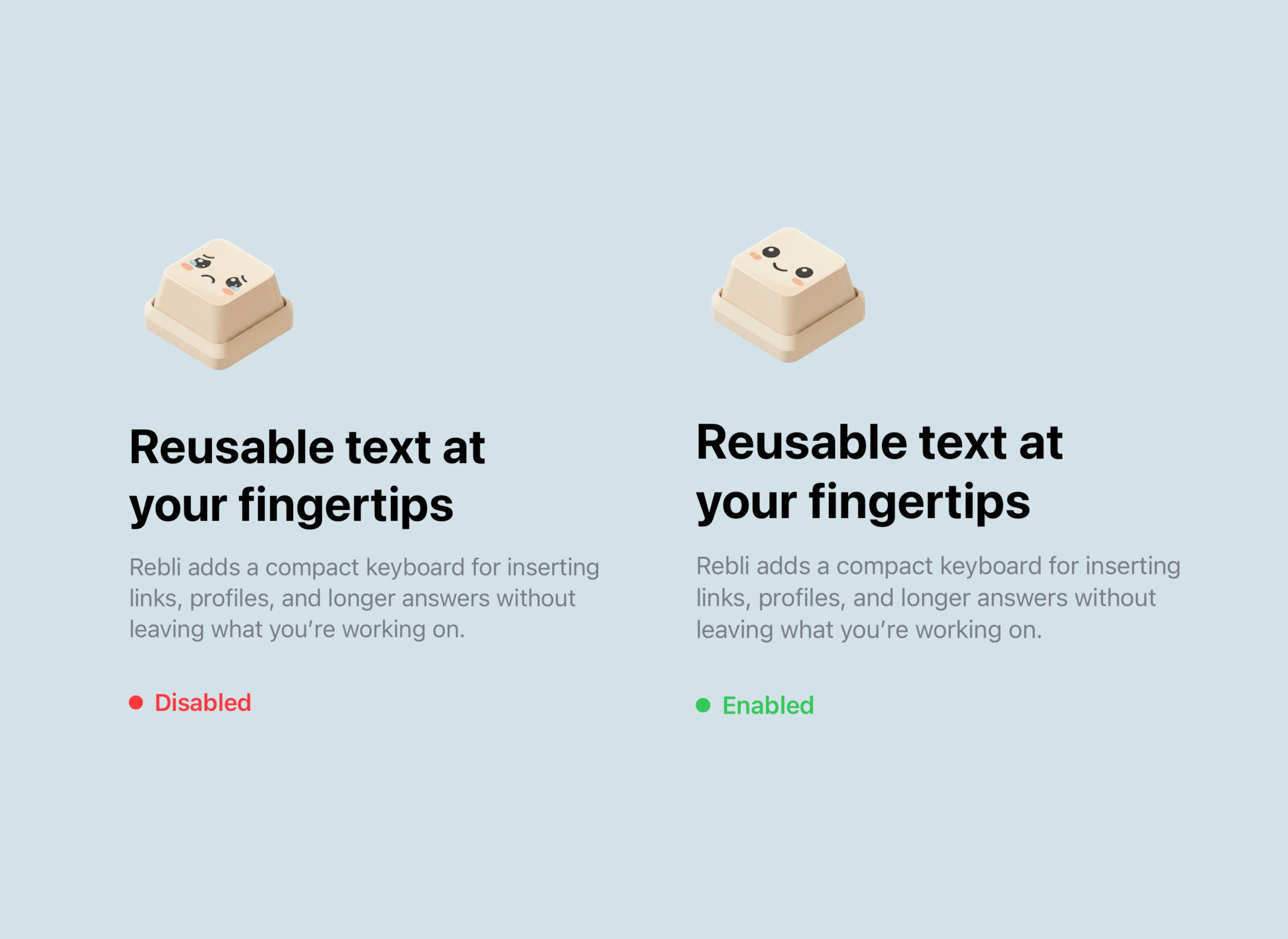 Rebli keyboard disabled and enabled beside its reusable text description