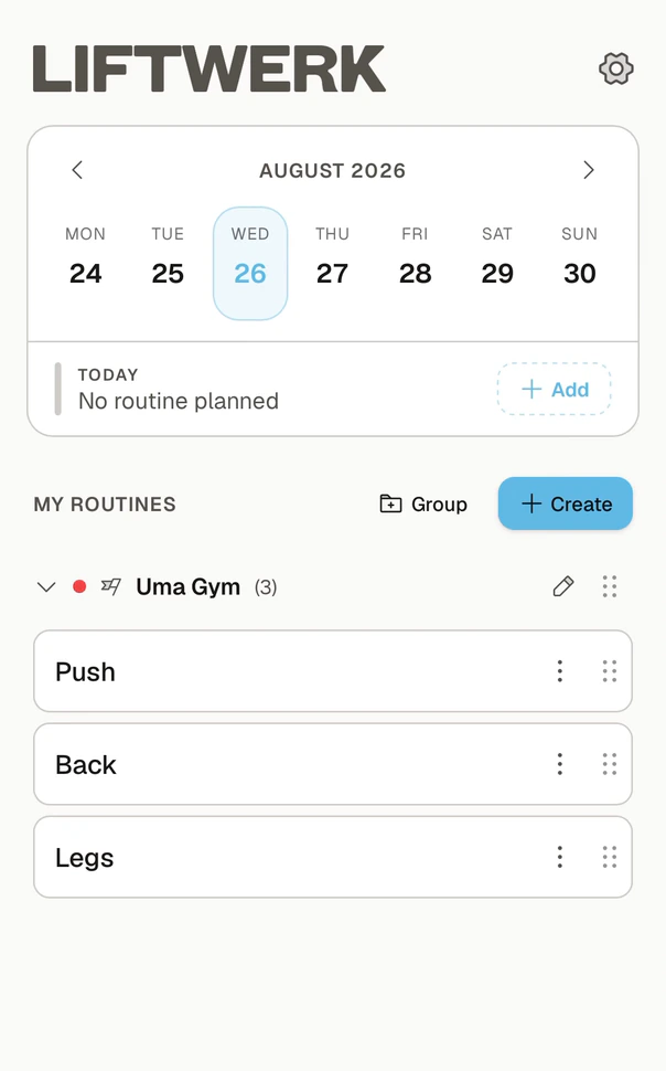 Liftwerk workout session from routine selection to completed summary