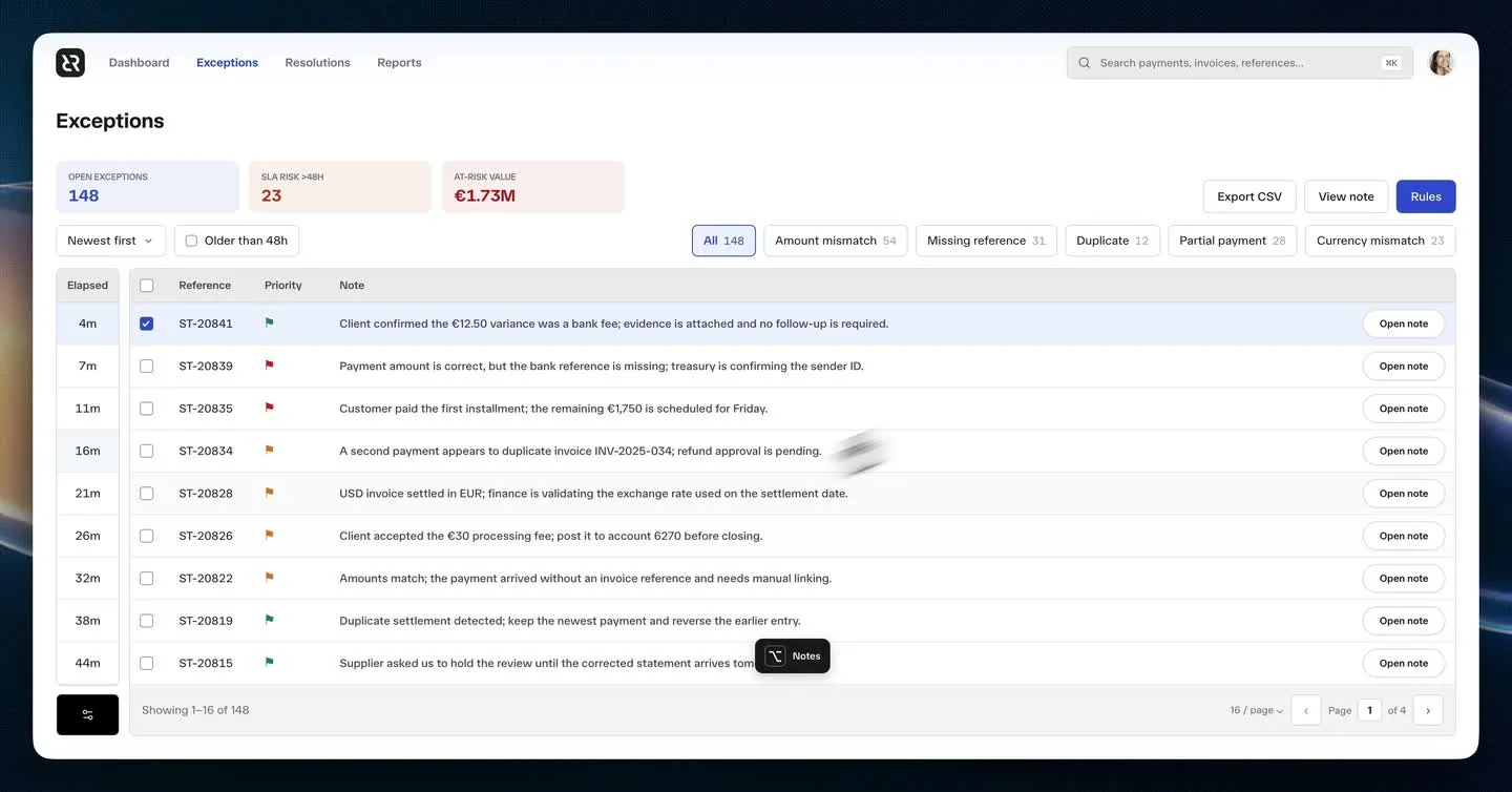 Reconciliation dashboard workflow from exception list to resolved audit
